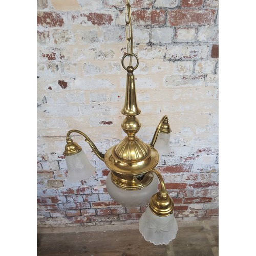 172 - A 19th century French three branch brass chandelierHeight 61cm x dia 50cm, (total height with chain ... 