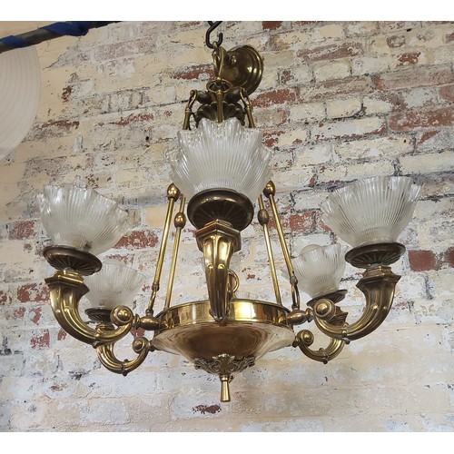 174 - A 19th century French six branch brass chandelier upright ribbed, fluted glass shades Height 70cm x ... 