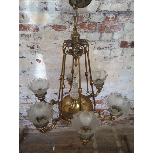 174 - A 19th century French six branch brass chandelier upright ribbed, fluted glass shades Height 70cm x ... 