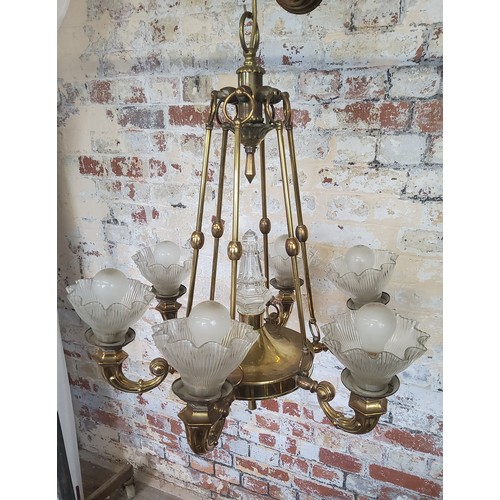 174 - A 19th century French six branch brass chandelier upright ribbed, fluted glass shades Height 70cm x ... 