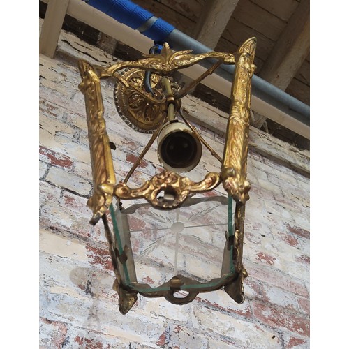 175 - A brass hall lantern etched glass panels (one missing)Height 24cm x width 15cm x depth 15cm