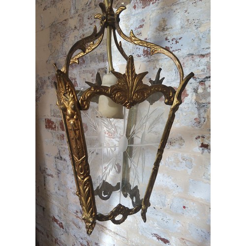 175 - A brass hall lantern etched glass panels (one missing)Height 24cm x width 15cm x depth 15cm