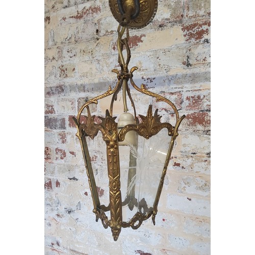 175 - A brass hall lantern etched glass panels (one missing)Height 24cm x width 15cm x depth 15cm