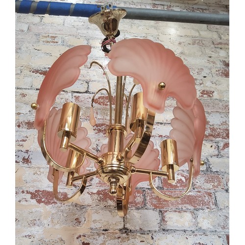 176 - A five-branch chandelier with pink clam shell glass shades; another 3-branch brass chandelierBrass c... 