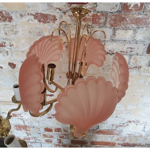 176 - A five-branch chandelier with pink clam shell glass shades; another 3-branch brass chandelierBrass c... 