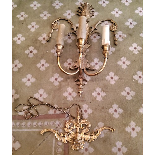 181 - A Dutch brass eight light chandelier converted to electric 50cm high; a gilt brass neoclassical thre... 