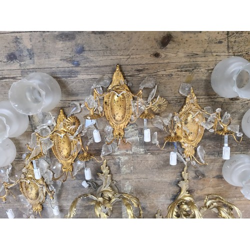 183 - Lighting - a set of four gilt metal Roccoco type country house wall sconces (AF); Four decorative Ne... 