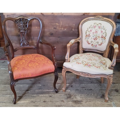 204 - A French fratulie chair with Aubusson style tapestry upholstery; a late 19th century mahogany elbow ... 