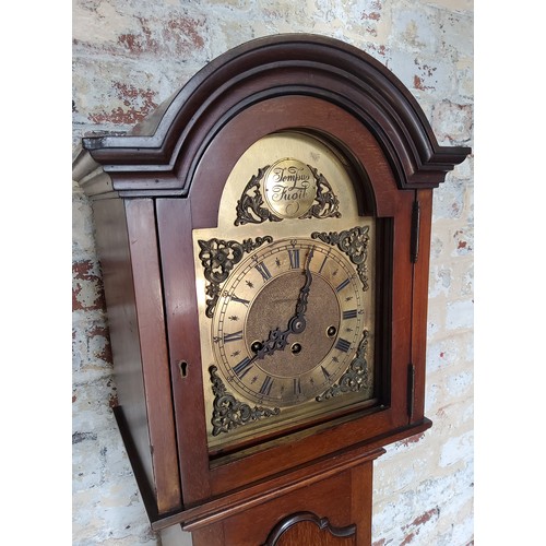 212 - A mahogany Tempus Fugit grandmother clock, Westminster chimes, gold brass dial gold sprandels, chapt... 