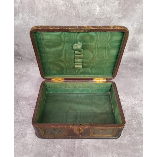 122 - A 19th century French leather jewellery box inset with Neo Classical putti riding on a lion pressed ... 