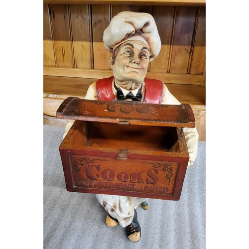 61A - Counter top vintage tip box, styled as chef seated on stool holding a tip box, with words  