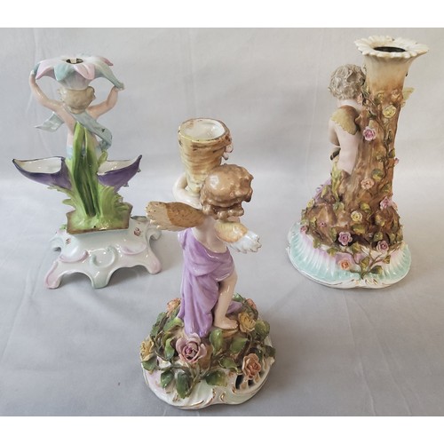 4 - An early 20th century Schierholz Plaue porcelain candlestick; a Sitzendorf porcelain figural candles... 