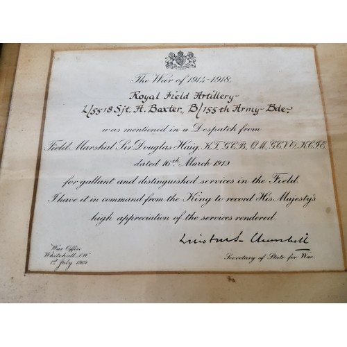 63 - Framed First World War, letter of commendation to Sgt A. Baxter of the 155th Army, Royal field artil... 