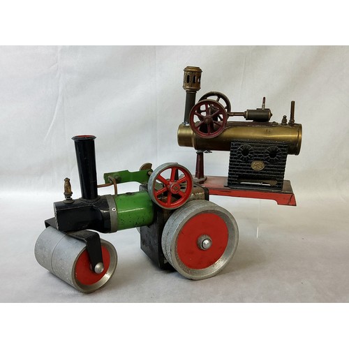 154 - A Josef Falk over-type live steam engine, 29 x 14 cm (af); a Mamod live steam road roller (af)