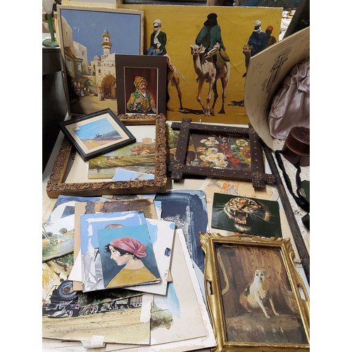 144 - A portfolio of loose original oil, watercolour and acrylic artwork including a small Jack Russell st... 