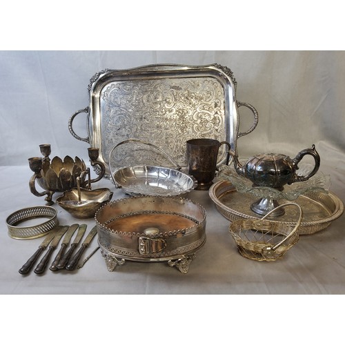 147 - An Old Sheffield Plate 2 bottle wine coaster in the form of a fastened belt c.1860; cake baskets; ga... 