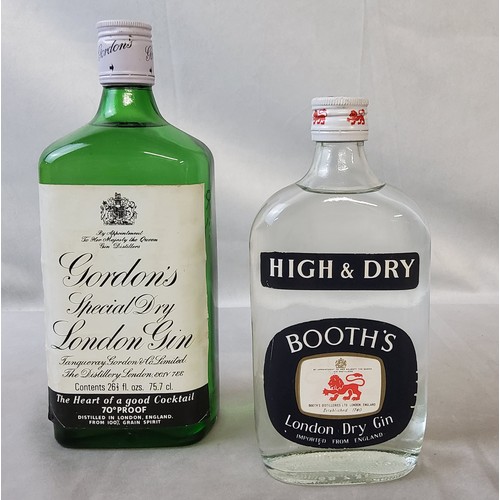 231 - Gordon's Special Dry London Gin, sealed, 70 proof,  post stickered Dec 82 on cap;  Booth's... 