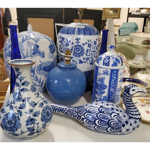 150A - Oriental Inspired Ceramics - a large blue and white asiatic pheseant; Chinese vases, a large temple ... 