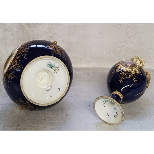 5 - Coalport blue ground two handled ovoid vase, painted with a view of a castle titled Near Dover, by E... 