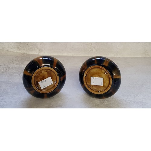 9 - A pair of Art Nouveau globe & stem spilll vases, drip glazed in colbalt blue & ochre 15cms h... 