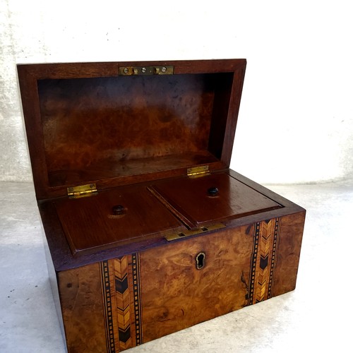 34 - A Victorian walnut Tunbridge Ware parquetry inlaid tea caddy, the hinged domed top opening to reveal... 
