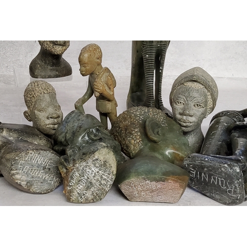 41 - Tribal Art - carved Dolomite stone African bust sculptures, signed Colin Nyarumba and 'Ronnie', vari... 
