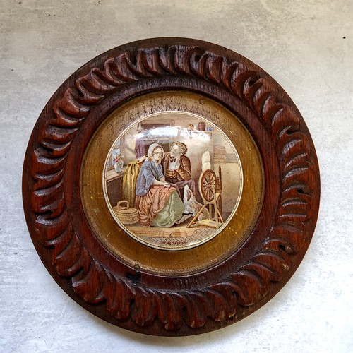 58 - A Prattware pot lid titled The Wolf and The Lamb in a decorative oak frame; others titled Persuasion... 