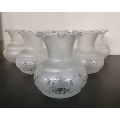 79 - Six opaque etched glass lamp shades: approx 15cm heigh x 12.5 cm in dia