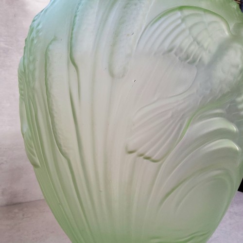 80 - A Rene Lalique style Uranium green glass amphora shaped vase decorated in relief with bullrushes and... 