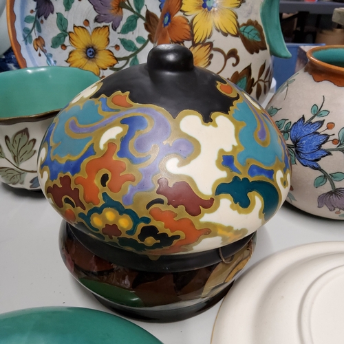 97 - Gouda Pottery - a collection of Gouda pottery examples including ewer, bowls, cabinet plates etc