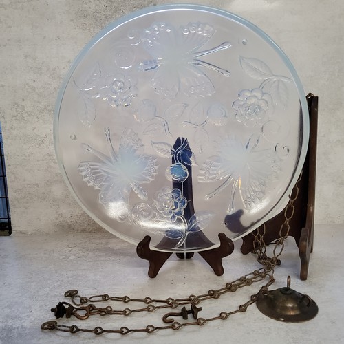 114 - A vintage French vaseline glass hanging ceiling light shade moulded in relief with roses & butte... 