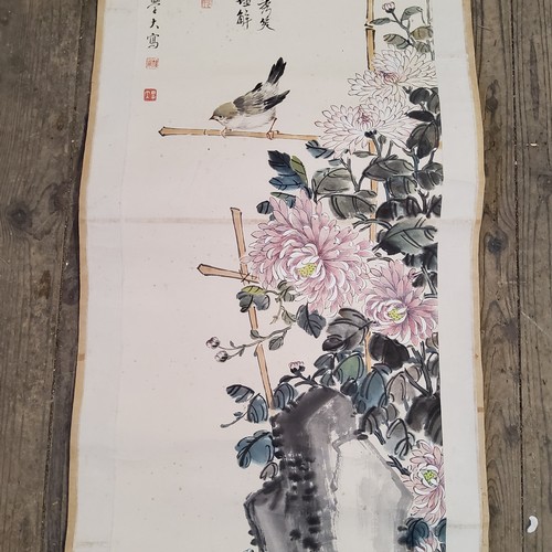 1 - An early 20th century Chinese hanging calligraphy scroll, Qing dynasty, painted with sparrows on blo... 