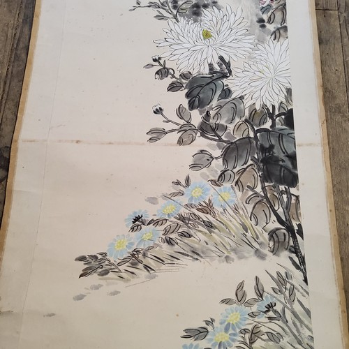 1 - An early 20th century Chinese hanging calligraphy scroll, Qing dynasty, painted with sparrows on blo... 