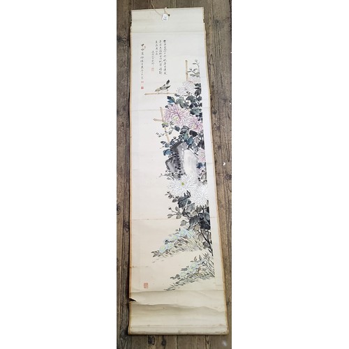 1 - An early 20th century Chinese hanging calligraphy scroll, Qing dynasty, painted with sparrows on blo... 