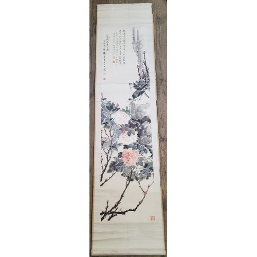 2 - An early 20th century Chinese hanging calligraphy scroll, Qing dynasty,painted with a white wagtail ... 