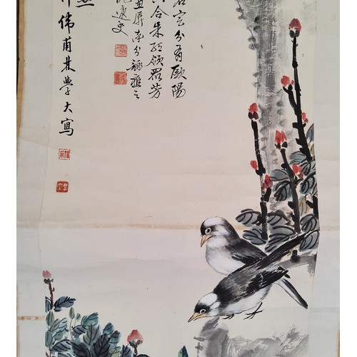 2 - An early 20th century Chinese hanging calligraphy scroll, Qing dynasty,painted with a white wagtail ... 