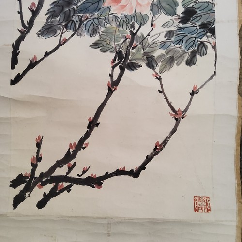 2 - An early 20th century Chinese hanging calligraphy scroll, Qing dynasty,painted with a white wagtail ... 