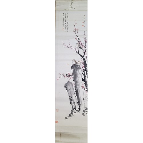 4 - An early 20th century Chinese hanging calligraphy scroll, Qing dynasty, painted with a bird perched ... 