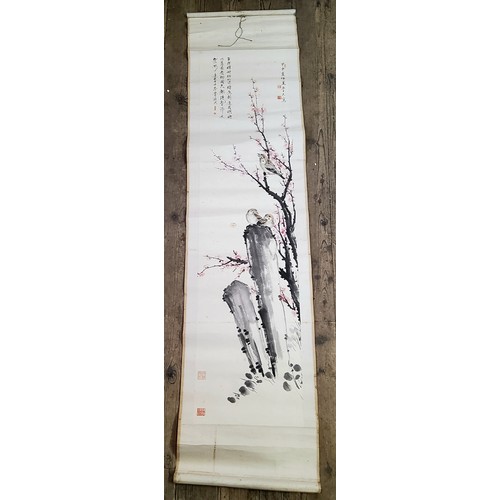 4 - An early 20th century Chinese hanging calligraphy scroll, Qing dynasty, painted with a bird perched ... 