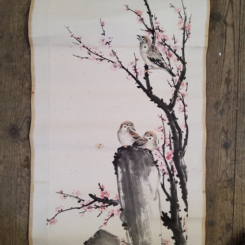 4 - An early 20th century Chinese hanging calligraphy scroll, Qing dynasty, painted with a bird perched ... 