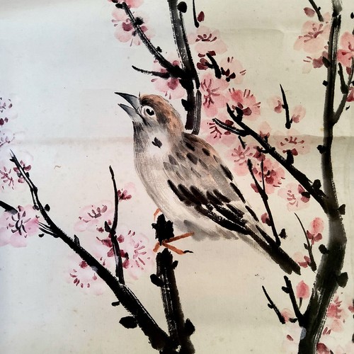 4 - An early 20th century Chinese hanging calligraphy scroll, Qing dynasty, painted with a bird perched ... 