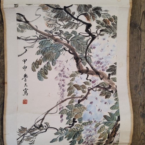 5 - An early 20th century Chinese hanging calligraphy scroll, Qing dynasty,
painted with swallows and Wi... 