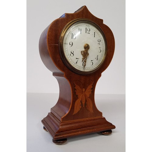 59 - A Sheraton Revival mahogany mantel timepiece, 9cm circular clock dial Arabic numerals, the balloon s... 