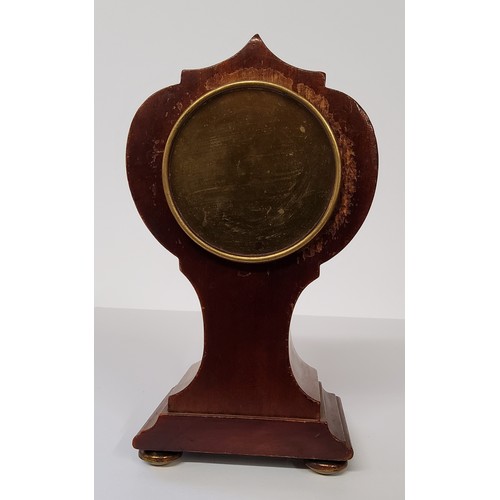 59 - A Sheraton Revival mahogany mantel timepiece, 9cm circular clock dial Arabic numerals, the balloon s... 