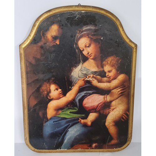 78 - After Raphael 'The Madonna of the Rose' oilograph on arched panel. 20th century. Excellent Cond... 