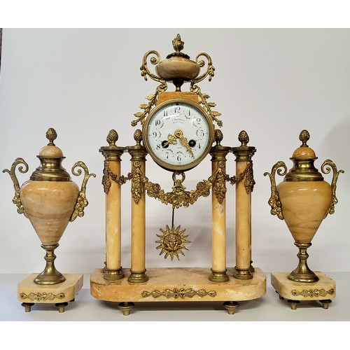 134 - A French sienna marble & gilt portico mantle clock, signed by J.Bernard, Montlucon and 'Just' to... 