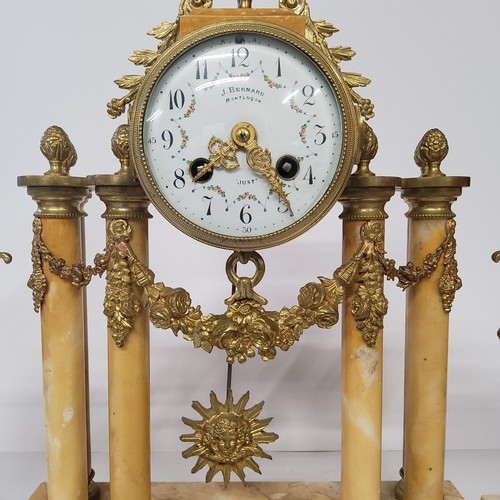 134 - A French sienna marble & gilt portico mantle clock, signed by J.Bernard, Montlucon and 'Just' to... 