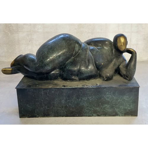 143 - After Martin Klein, a verdigris bronze of a voluptuous reclining nude Lady Rosanna 16cm h x 12c... 