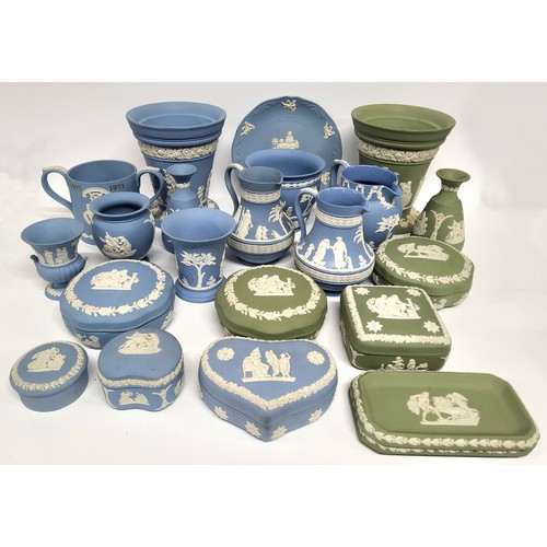 150 - Wedgwood blue & sage green jasperware including vases, jugs, miniature urn, trinket boxes & ... 