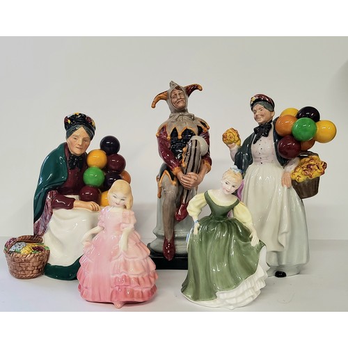 168 - Royal Doulton figures including The Jester, H.N. 2016; Biddy Pennyfarthing H.N. 1843; The Old Balloo... 